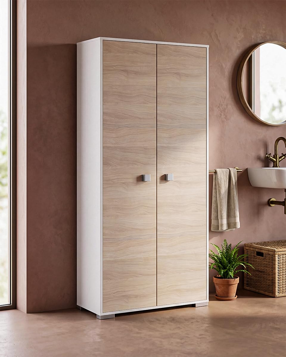 Armadio multiuso Sonia - Portascopa salvaspazio Olmo Bianco - 75x180x35 cm_