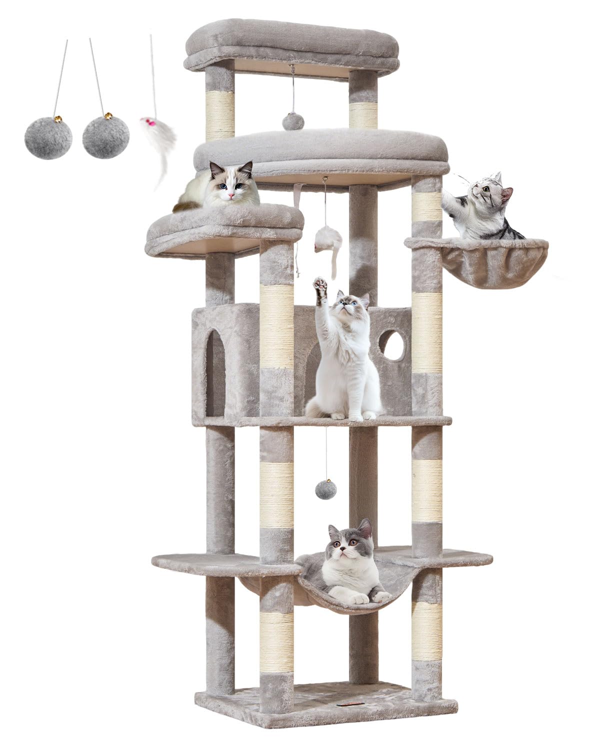 Taoqimiao Rascador para Gatos 180cm, Ideal para Gatos Grandes de +9 kg, con 3 amplias Plataformas, 9 Postes de sisal para arañar, casa Acolchada, Hamaca y Cesta de Lujo, MS034W Gris Claro