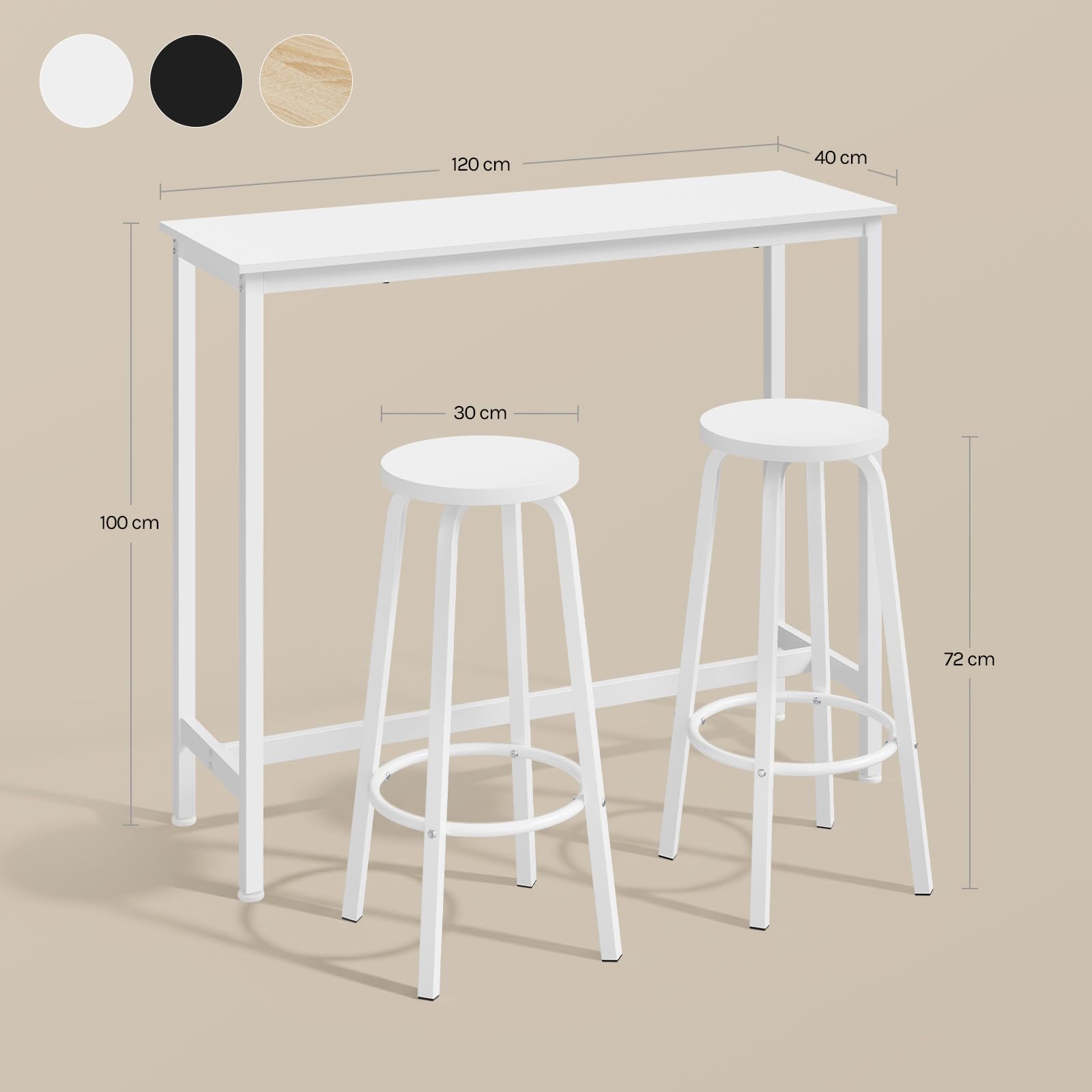 WOLTU Bartisch Set mit 2 Barhockern, Stehtisch & Barstuhl mit Metallgestell, Esstisch aus Holz für Bar Küche Wohnzimmer, Bistrotisch Bartheke Tresentisch, 120x40x100cm, Weiß