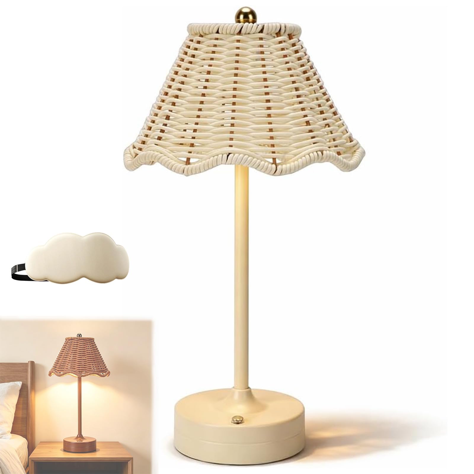 Snrtevu Rechargeable Rattan Table Lamp, 3 Colors Wicker Shade Desk Lamp - LED Cordless Brightness Wicker Night Light for Bedroom Living Room Office Home Decor (A)