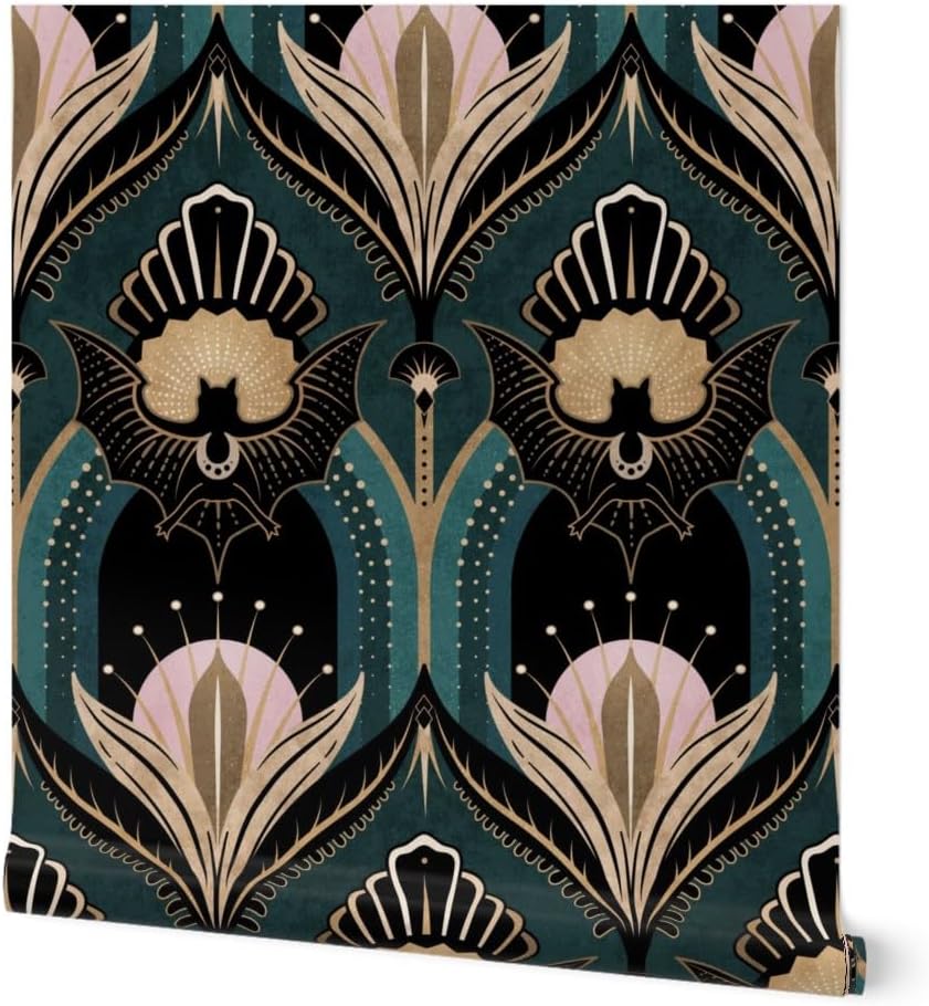 Spoonflower Peel & Stick Wallpaper 6ft x 2ft - Elegant Art Deco Bats Flowers Teal Gold Black Pink 1920S Opulent Maximalist Custom Removable Wallpaper