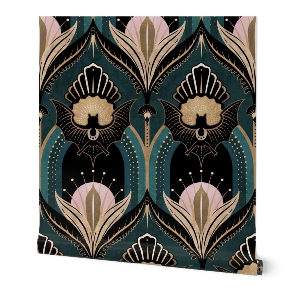 Spoonflower Peel & Stick Wallpaper 3ft x 2ft - Elegant Art Deco Bats Flowers Teal Gold Black Pink 1920S Opulent Maximalist Custom Removable Wallpaper