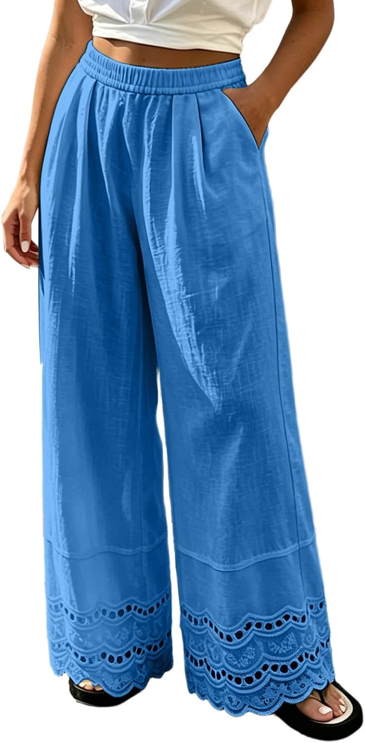 Womens Linen Wide Leg Pants High Waisted Lace Hem Loose Pants Trendy Casual Summer Beach Vacation Palazzo Trousers