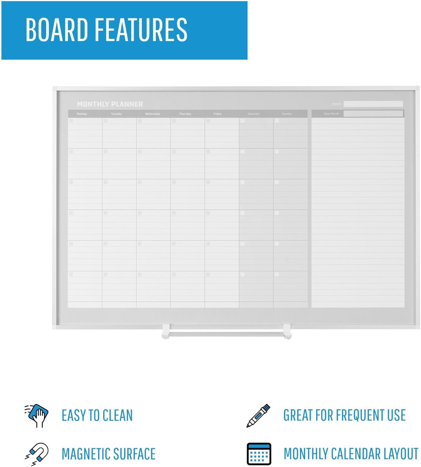 MasterVision Planning Board Magnetic Dry Erase, Monthly Calendar Board with Aluminum Frame, 36" x 48",Silver Frame,GA0597830