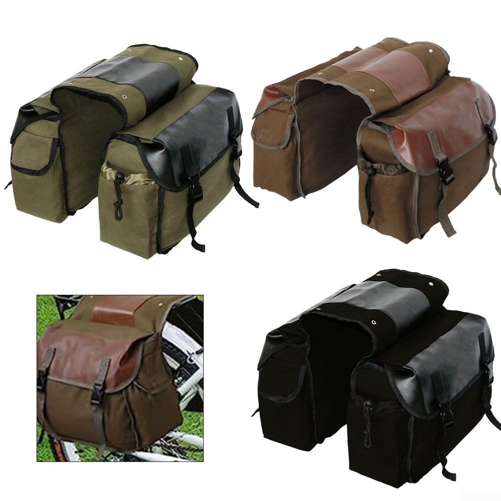 Borsa da bici posteriore in tela con cuciture in pelle, resistente, per pendolari e viaggi, scomparti multipli fissati da chiusura con fibbia (cammello)