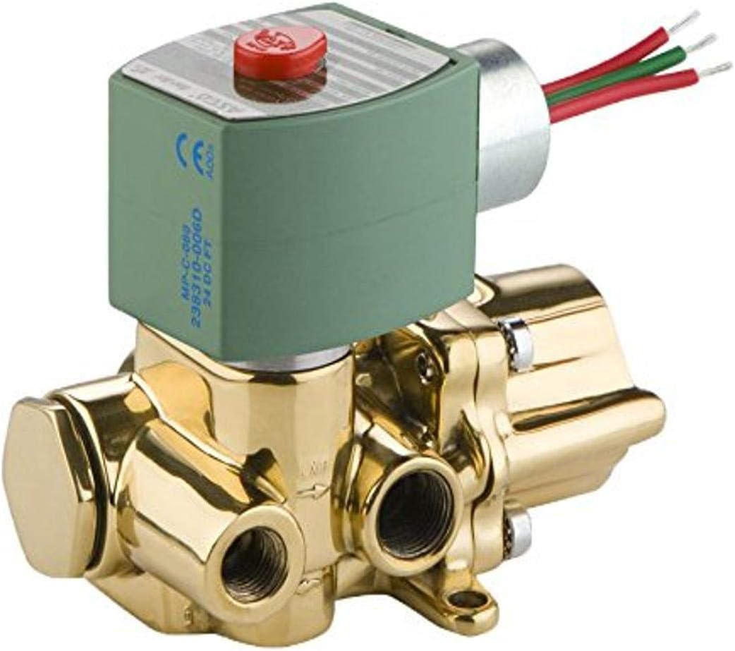 ASCO 8344G070-120/60,110/50 Brass Body Pilot Operated Piston/Poppet Solenoid Valve, 1/4" Pipe Size, 4-Way Inline Single Solenoid, Nitrile Butylene Sealing, 1/4" Orifice, 0.8 Cv Flow, 120/60V, 110/50V