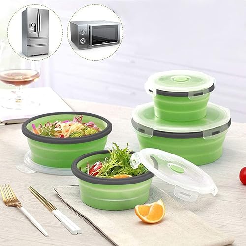 Miniatura 5 de Cuencos plegables para accesorios de campamento juego de 4 recipientes redondos de silicona para almacenamiento de alimentos con tapas