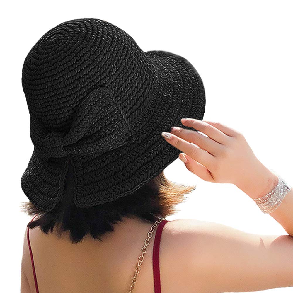 Foldable Wide Brim Floppy Straw Beach Sun Hat,Summer Cap with Bowknot for Women Girls,Strap Adjustable, Black, L