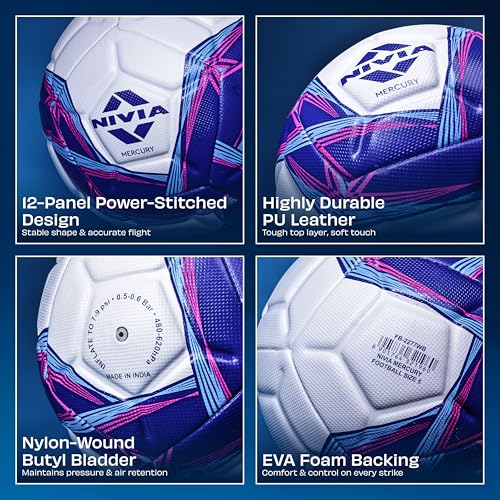 Image of Nivia Mercury Football /PU Leather /Power Stitched Football /12 Panel /Match Ball (White /Blue (with Pump))