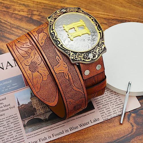 RechicGu Western Belts for Men Women, Initial Letter Big Buckle with Brown Leather Longhorn Bull Engraved Cowboy Belt3