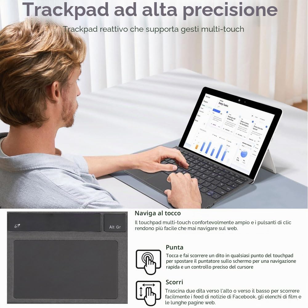 TECHGEAR Tastiera Surface Go per Microsoft Surface Go 1, 2, 3, 4, sottile, wireless, Bluetooth, retroilluminazione, trackpad/touchpad di precisione, QWERTY