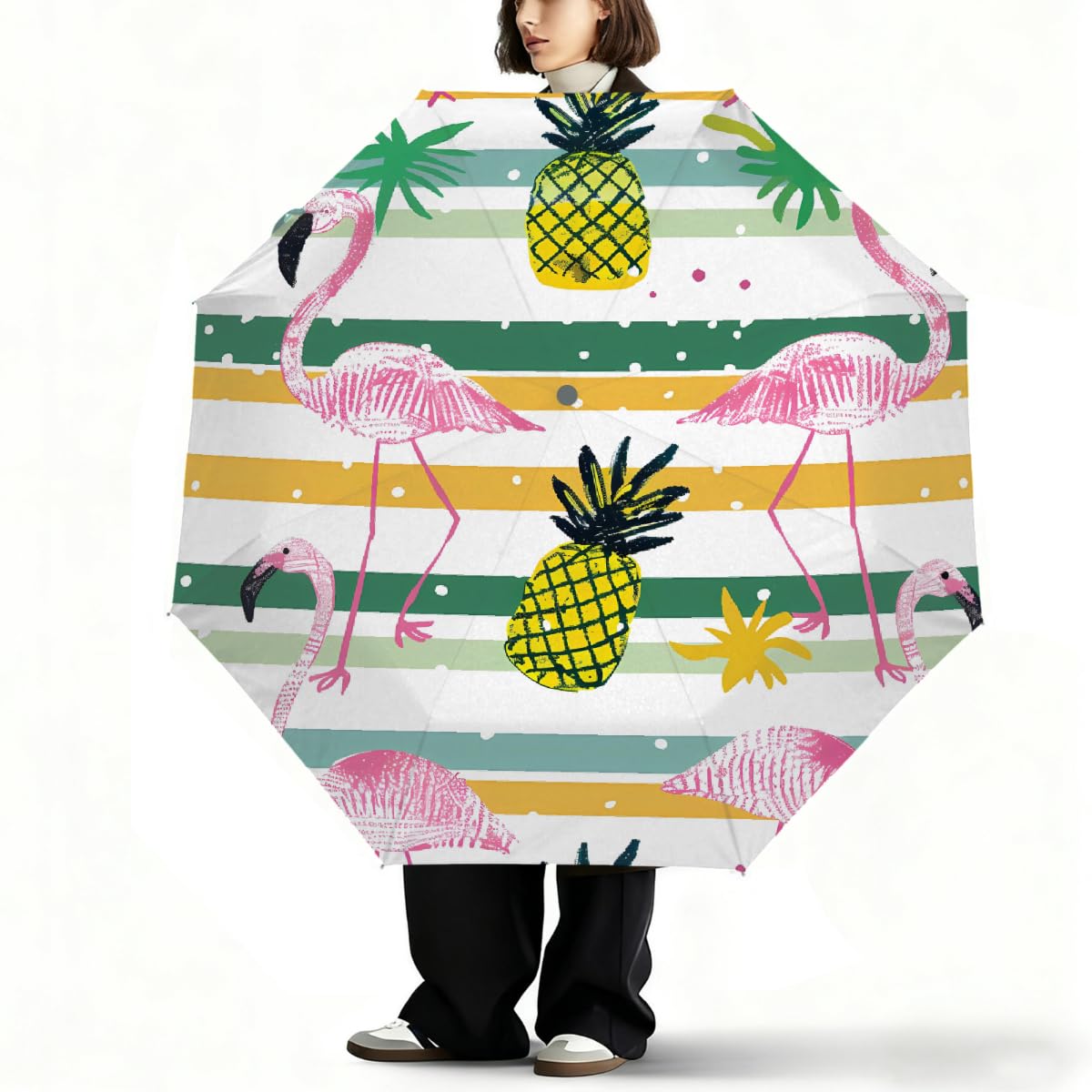 Ombrello pieghevole a pois con ananas fenicottero a righe ombrello da viaggio compatto antivento impermeabile con protezione UV rivestimento nero leggero 8 coste portatile per pioggia sole