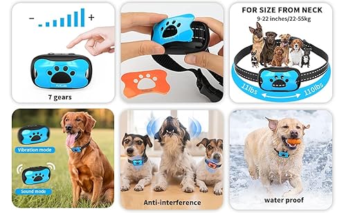 Petcuddle Rechargeable Dog Anti Barking Collar, Waterproof-No Shock, 7 Adjustable Levels, Vibration & Beep, Size- All Dogs Breeds Training 11-110 Lbs, 2 Reflective Strips- Great As Gift, Blue, Orange #TOP3