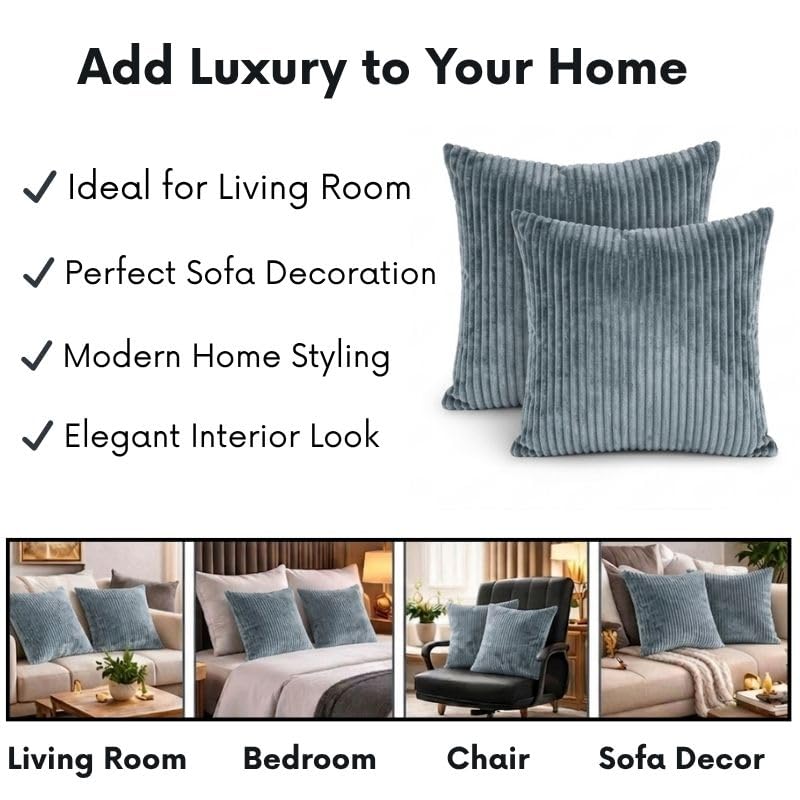 Image of RD TREND Cushion Cover Set of 2, Decorative Sofa Living Room Home Square Cushion Covers 18 Inch x 18 Inch, Aesthetic Corduroy Striped Double Sided (Grey)