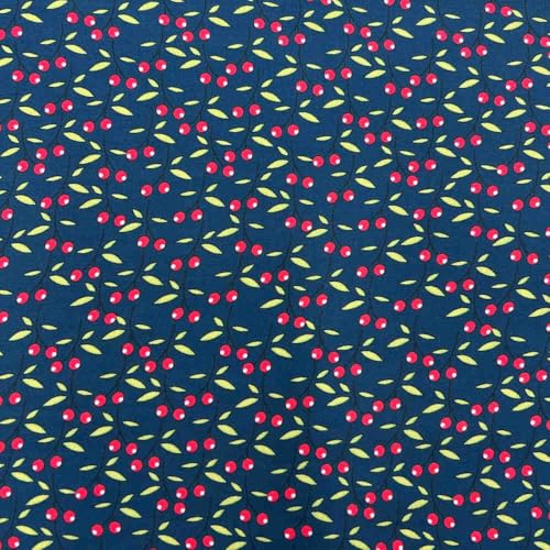 Kt KILOtela - Tela Viscosa Estampada Digital, Retal Desecho Post-industrial Moda, Camisa, Blusa, Caída Fluida, Cerezas, Azul, 270 x 140 cm, 32709