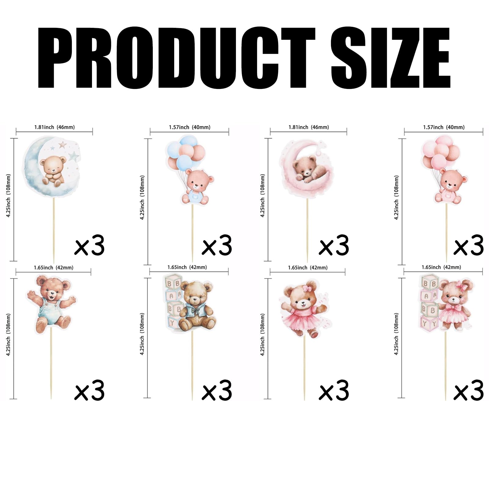 24PCS Baby Shower Bear Cupcake Toppers,Baby Shower Cupcake Picks Cake Decorations,Bear Balloon Cupcakes Picks,Blue Pink Babies Gender Reveal Party Decorations - Image 4
