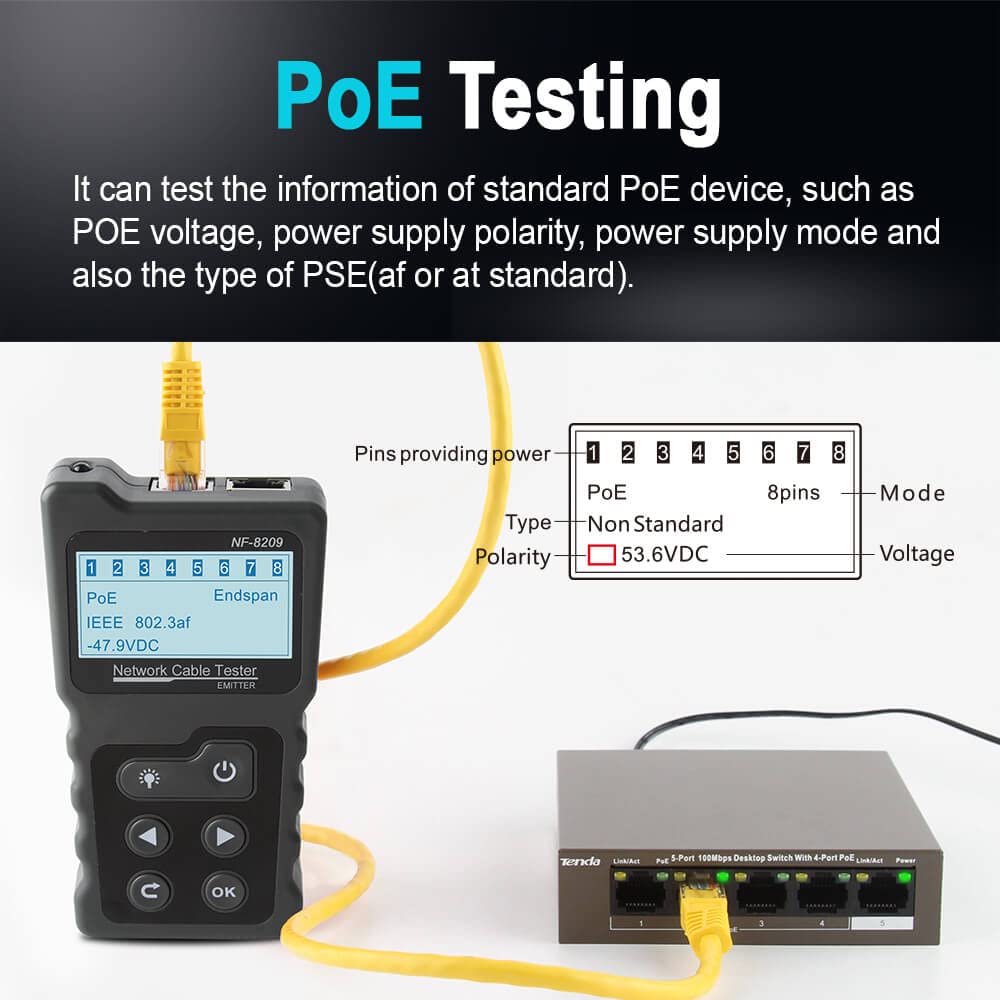 NOYAFA Cable and Network tester NF-8209 Advanced Network Cable Tracker Tone Generator and Probe Kit with Cable Testing Capabilities like Wiremap, Length, PoE