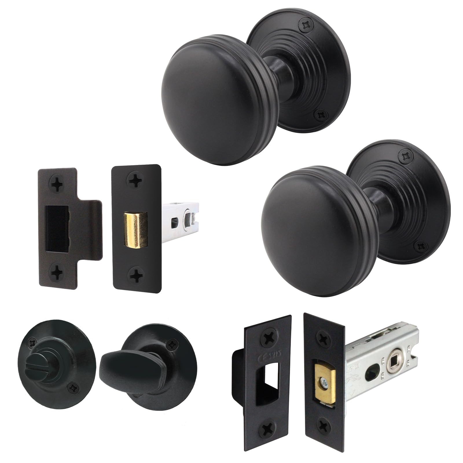 EAI Matt Black Door Knobs with Latch and Deadbolt, 1 Pack - Lined