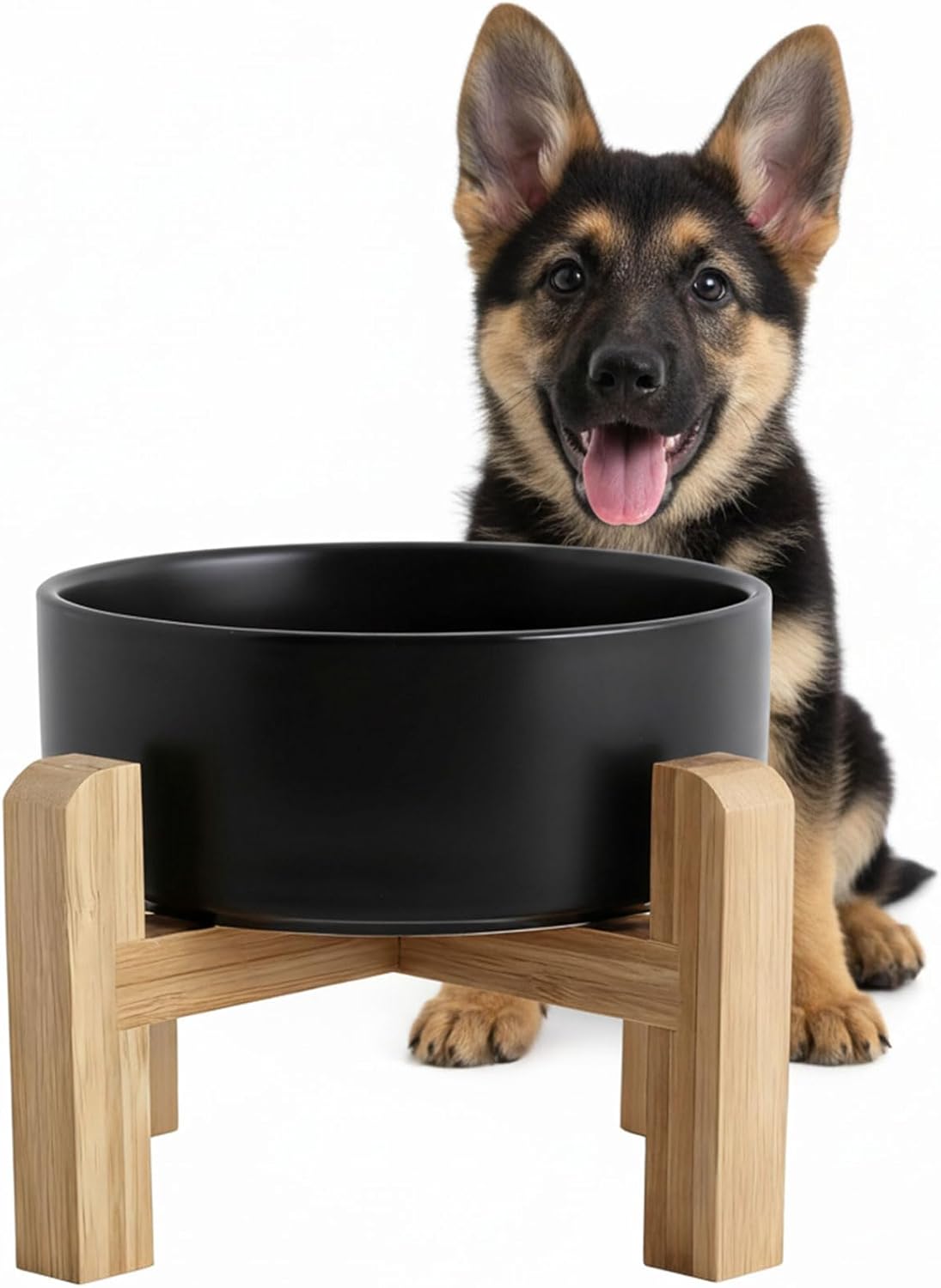 hjn Elevated Ceramic Dog Bowl with Bamboo Stand, Raised Pet Feeding Station for Small Medium Dogs Cats, Modern Design with Anti-Slip Base (Black, 3.6Cup)