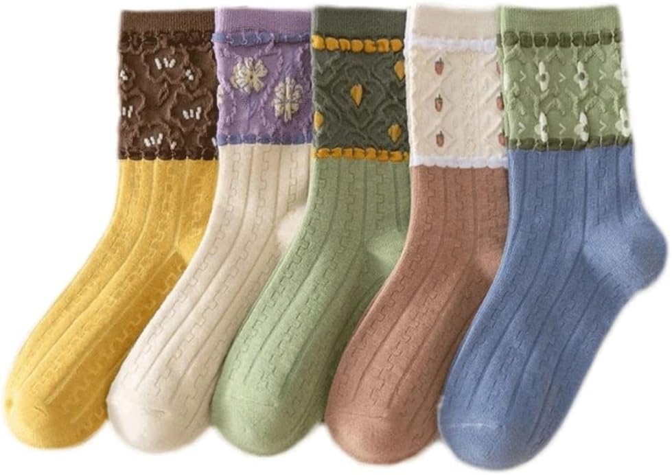 5 Pairs Long Socks Woman Middle Tube Cotton Winter Kawaii Flower Print Women Streetwear