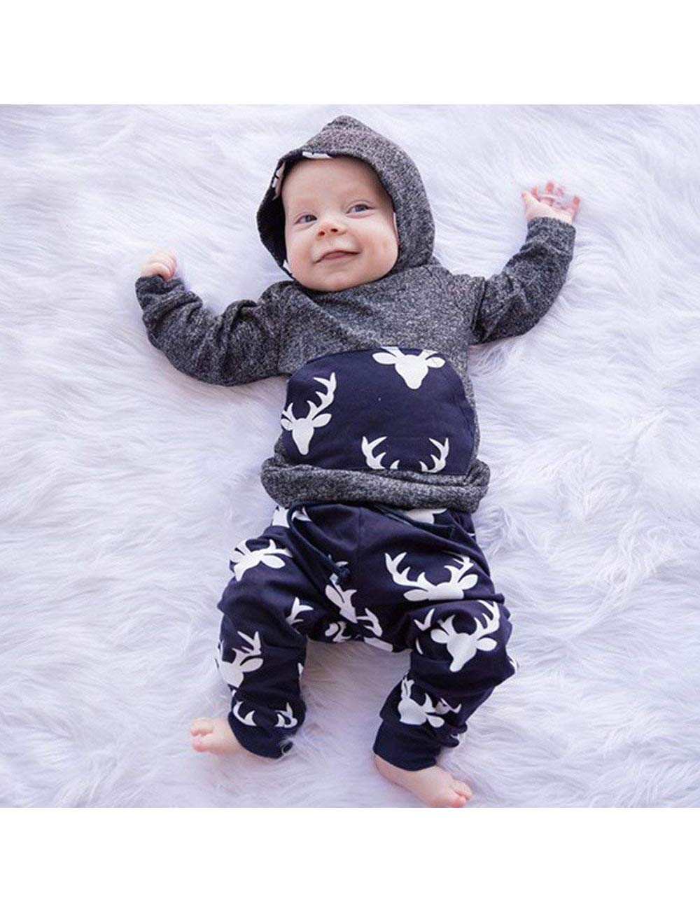 Set completo con felpa con cappuccio e pantaloni a maniche lunghe con cervo, per neonati e bambini