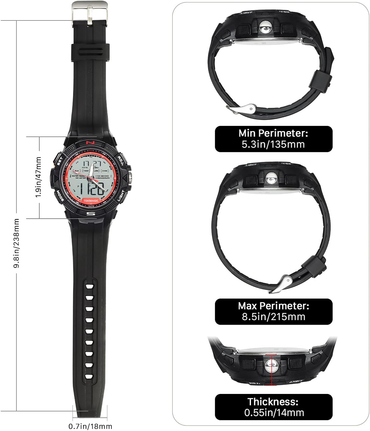 Sports Watch 10 ATM 330ft Waterproof with Digital and Analog Display, Alarm Clock, Stopwatch, Calendar, Backlight, Suitable for Swimming and Diving