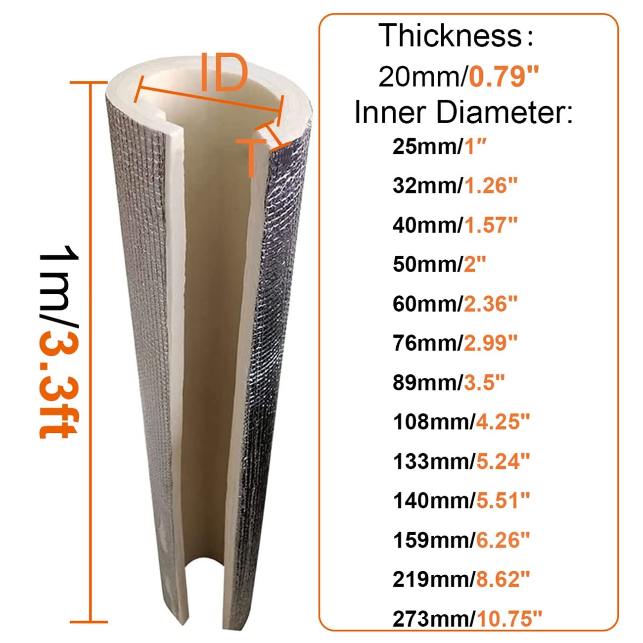 Isolante flessibile autoadesivo per tubi, 1 m, in alluminio, ignifugo, antigelo, per tubi idraulici termici per condizionatori d'aria, diametro esterno 25-273 mm, diametro esterno 20 mm (dimensioni