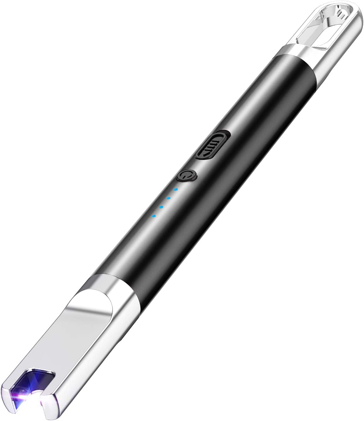 Electric Lighter with Battery Display and Safety Switch - USB Rechargeable for Candle, Cooking, BBQ & Fireworks - Aluminum Case with Hanging Hook - Plasma Arc Lighter (Black)