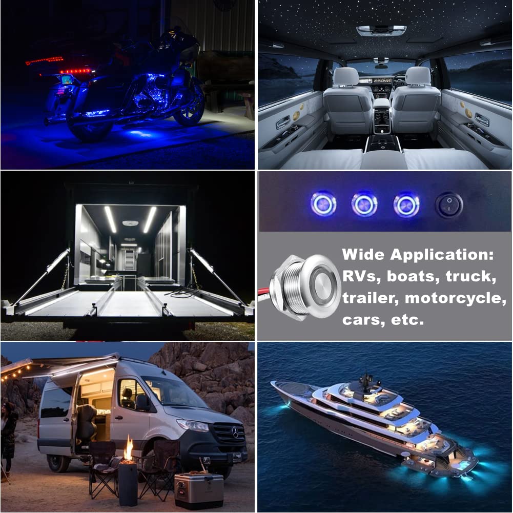 Variateur d'intensité LED PWM DC 12V 4 fils Acier Inoxydable 6A Interrupteur à Bouton-Poussoir pour Camping-car Bateau Camion Van, DC 12V Lumières LED Dimmable, Ruban LED de Monochrome