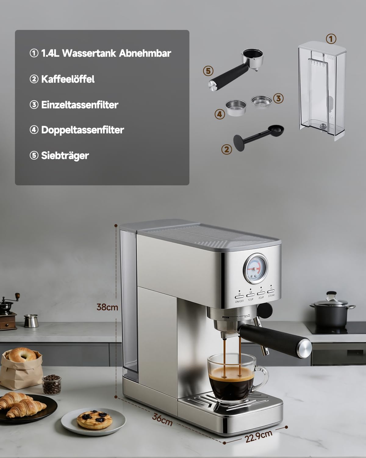 HAUSPROFI Siebträgermaschine Espressomaschine 15 Bar Manometer 1,4L Wassertank Kaffeemaschine Silber