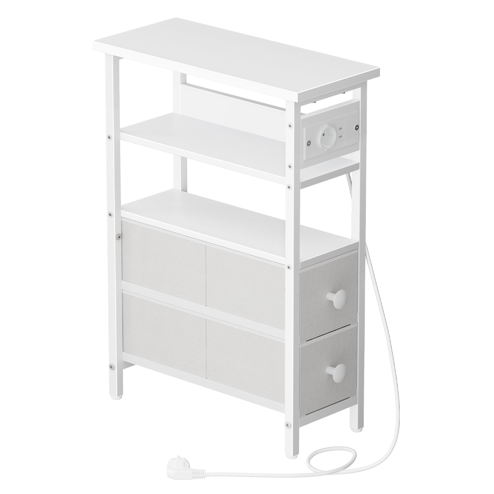 HOOBRO Tavolino Stretto con Stazione di Ricarica, Cassetti in Tessuto, Comodino Sottile con Ripiani Portaoggetti, per Soggiorno, Camera da Letto, Piccoli Spazi, Bianco EWT132CBZ01