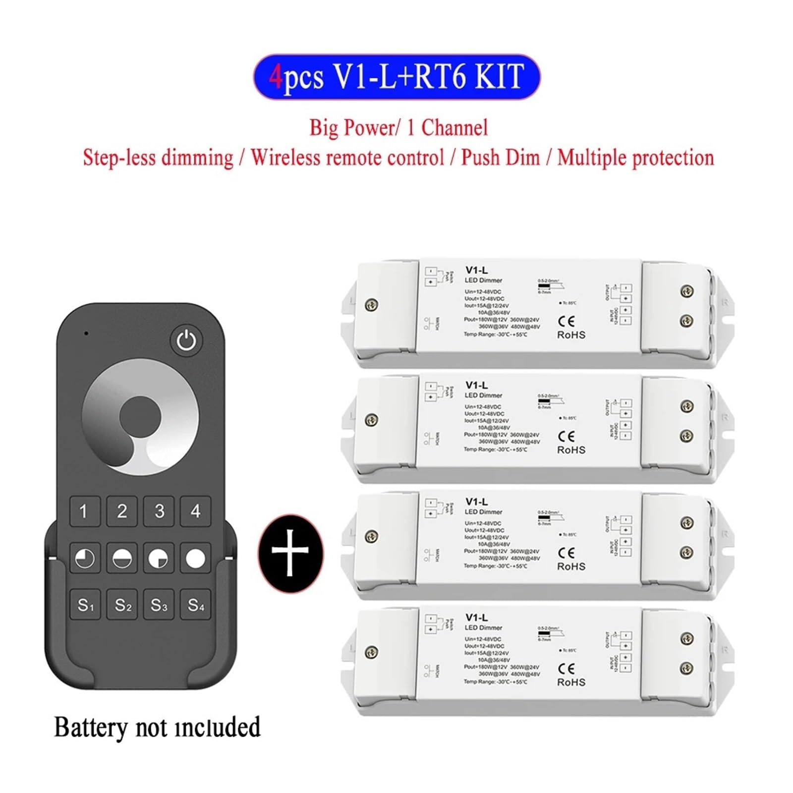 Hochleistungs-LED-Dimmer-Set, 360 W, einfarbiger LED-Controller, 15 A DC, 12 V, 24 V, Dimmer mit Druckknopfschalter, Dimmung, 4-Zonen-Fernbedienung(4xV1-L and RT6 KIT)