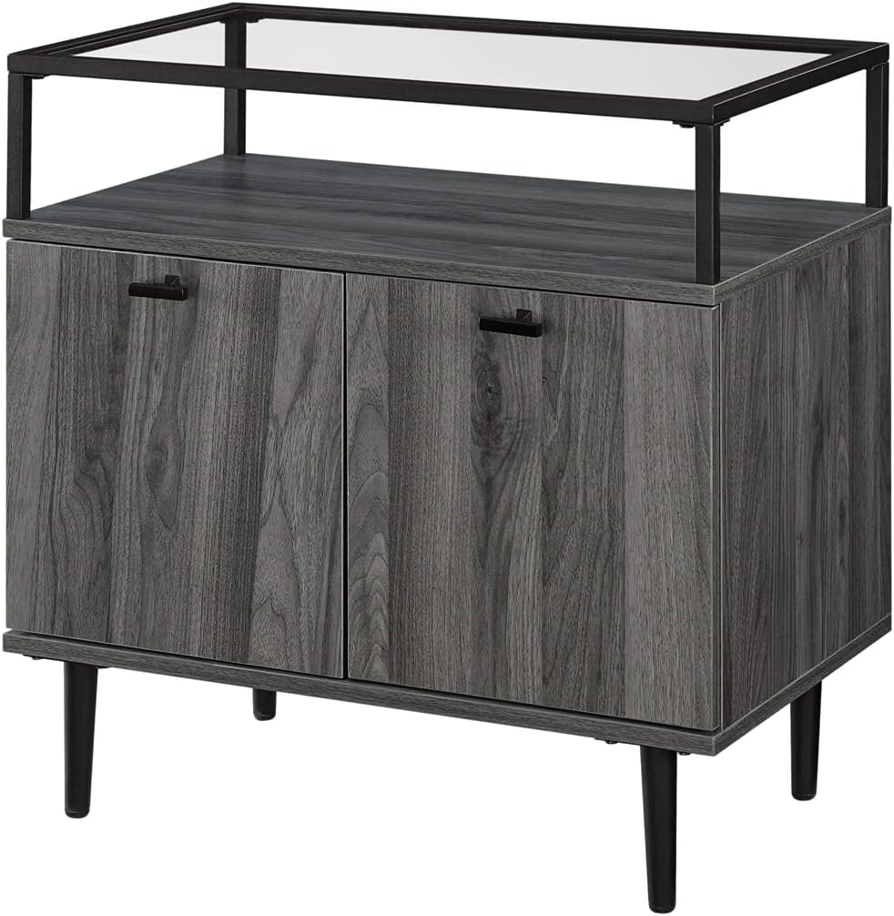 Walker Edison Modern Glass and Wood End Side Table Living Room Storage Small End Table, 2 Drawer, Slate Grey