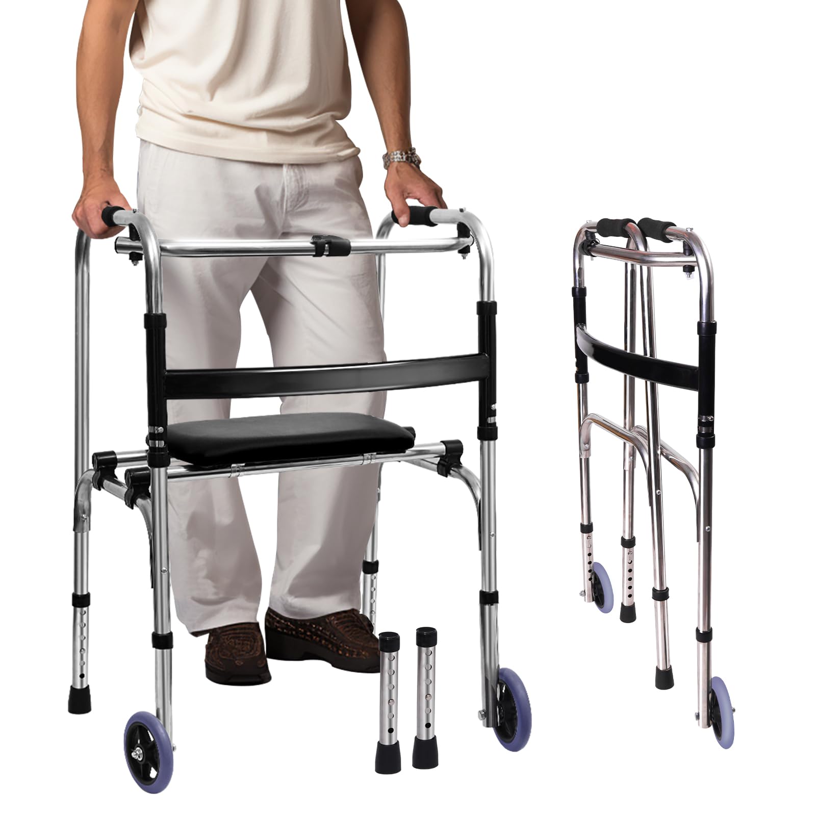Photo 1 of Folding Walker with Wheels, Front Wheel Walker with Detachable Seat, Lightweight Walkers for Seniors and Adults Supports up to 400 lbs, Adjustable Height Medical Walker,Compact Bariatric Walker