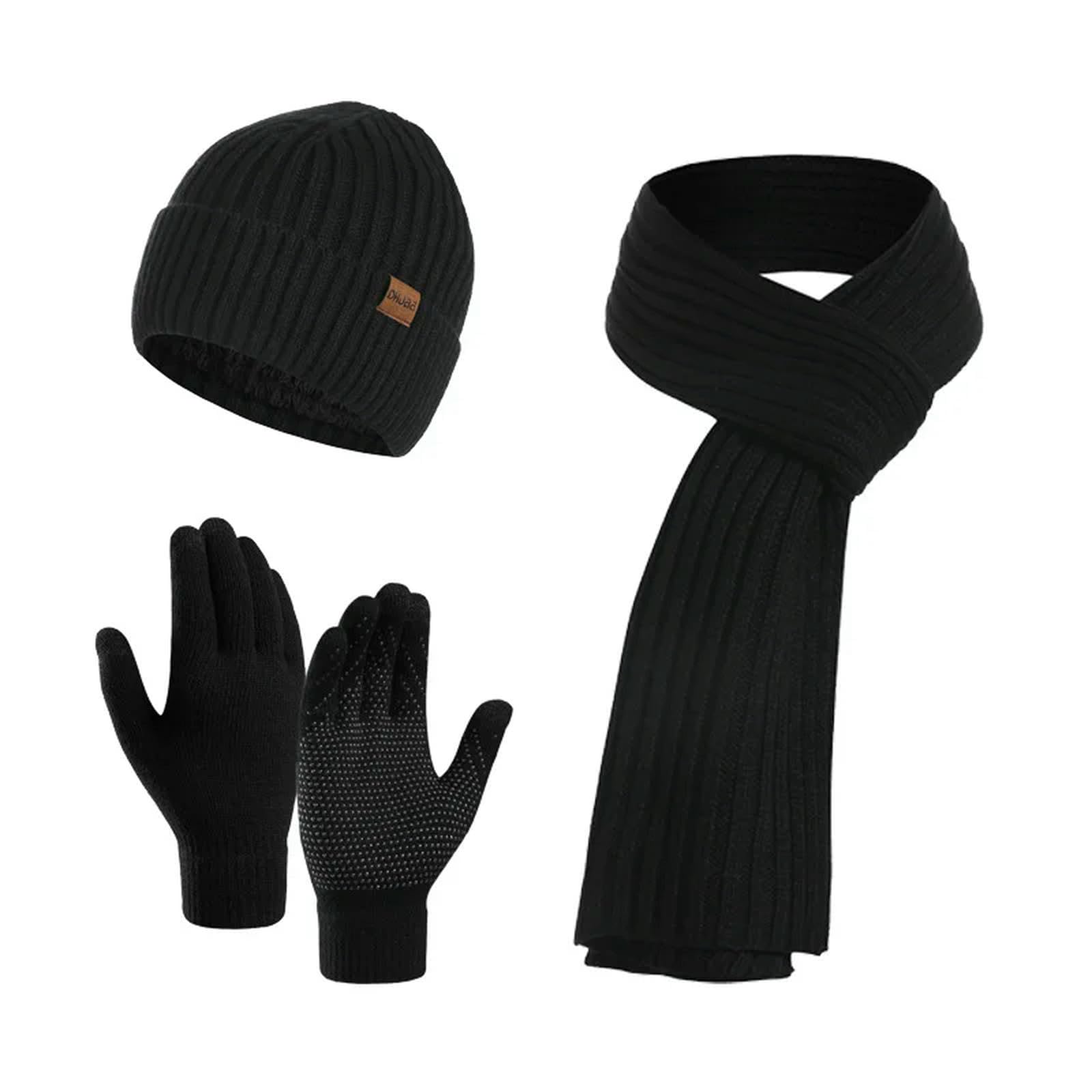 Schal Mütze Handschuh Set Winter Festkolonfarbener Gestrickter Hut Für Männer Und Frauen, Vielseitiges Geschäft Warmer Hut, Touchscreenhandschuhe