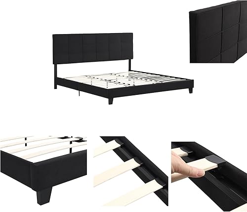 Miniatura 4 de Base de cama tapizada tamaño King con cabecera de tela de lino, no requiere somier, soporte de listones de madera, fácil montaje, color negro