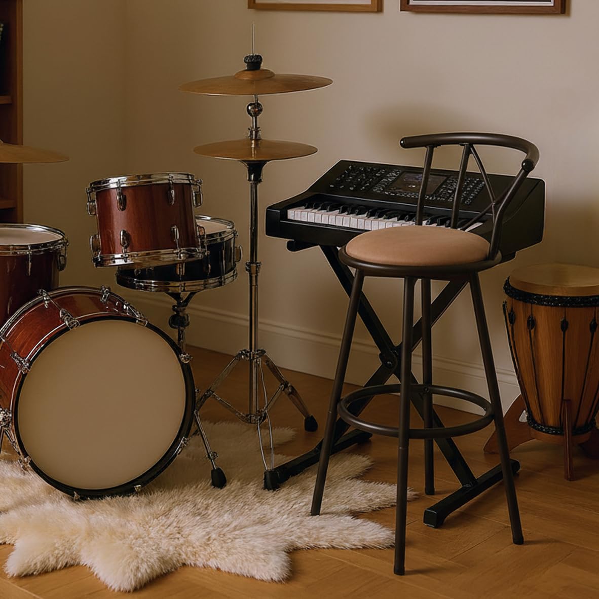 FURNISH - Lote de 2 taburetes giratorios industriales con respaldo giratorio de 360°, altura de asiento 75,5 Cm, taburetes altos vintage marrón con reposapiés para bateristas y estudios musicales