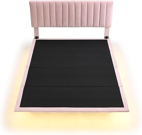 Miniatura 4 de SOFTSEA Base de cama flotante tamaño Queen, plataforma tapizada con luz inteligente y cabecero, marco de cama de terciopelo tamaño Queen con soporte