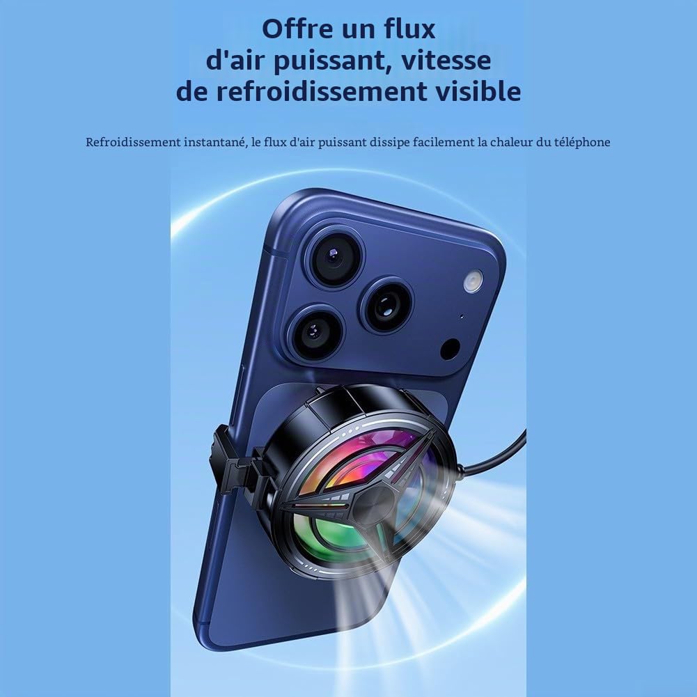Refroidisseur de téléphone magnétique super puissant pour téléphone, ventilateur USB avec contrôle intelligent de la température et lumières RVB, 5500-6000 tr/min pour appareils mobiles