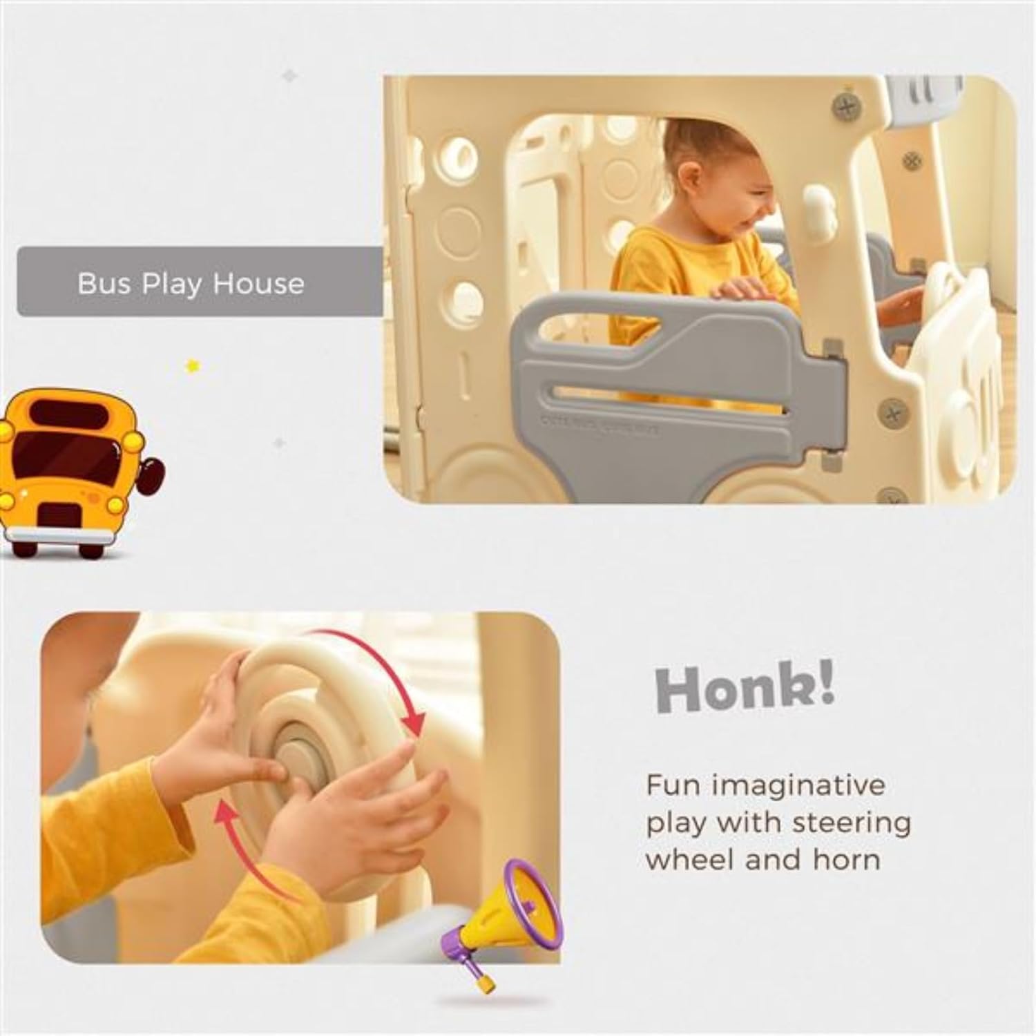 4-in-1 Bus Slide Set, Kids Slide with Bus Ride, Freestanding Bus Toy Set, with Basketball Hoop, Off-White and Gray