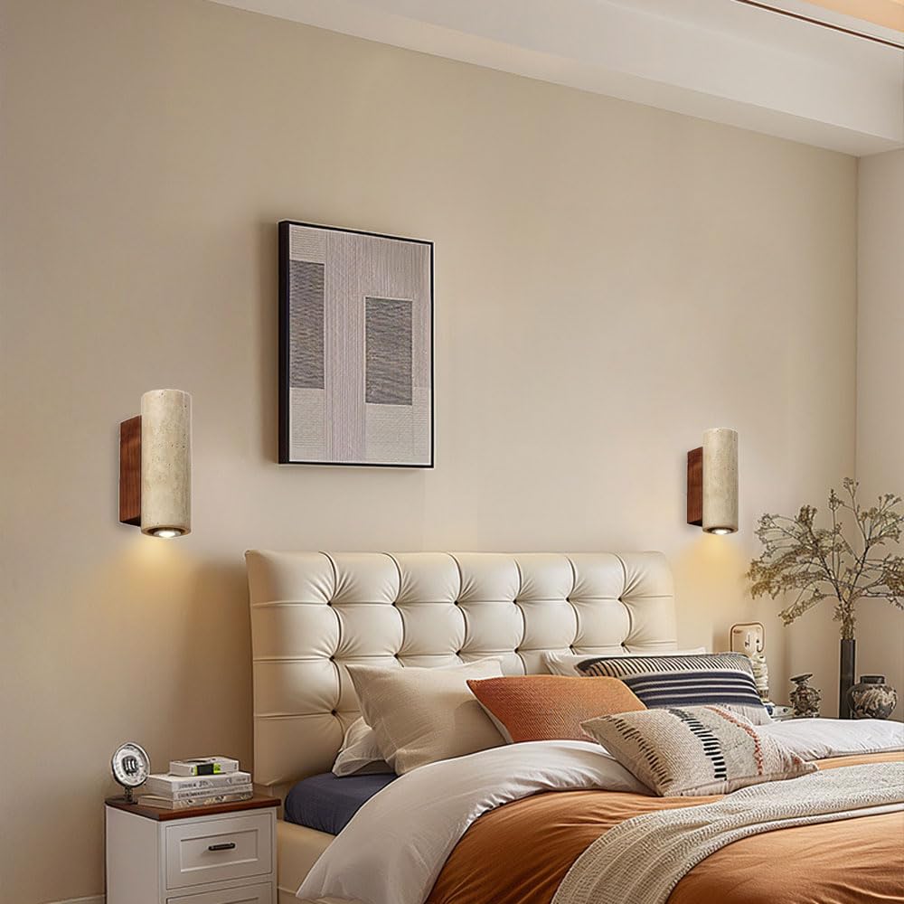 Corps de Lampe en travertin Jaune avec Base Bois, Applique Murale Style campagnard Nordique, à Connexion Fil Dur, luminaires décoratifs for Chambre Coucher, escalier, Salle Manger