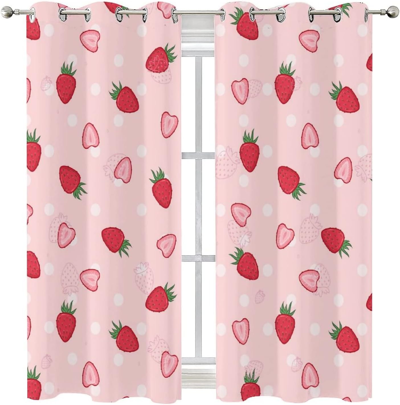 Pink Red Strawberry Curtains for Bedroom - Girls Cartoon Cute Fruit Strawberry Print Window Drapes,Energy Saving Blackout Grommet Curtains 2 Panels 63L x 21W
