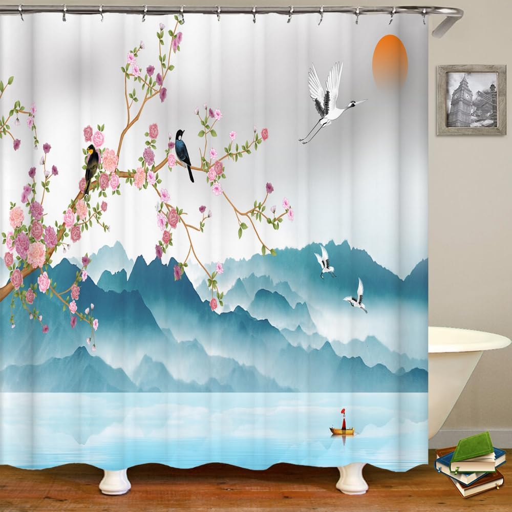 Uiyiui Multicolor-6 Japanese Cherry Blossom Shower Curtain 33X83in/85X210cm/Wxh Asian Ink Flower Bird Printing Bathroom Decor Curtains, Waterproof Polyester Fabric With Hook For Shower Stall Bathtubs