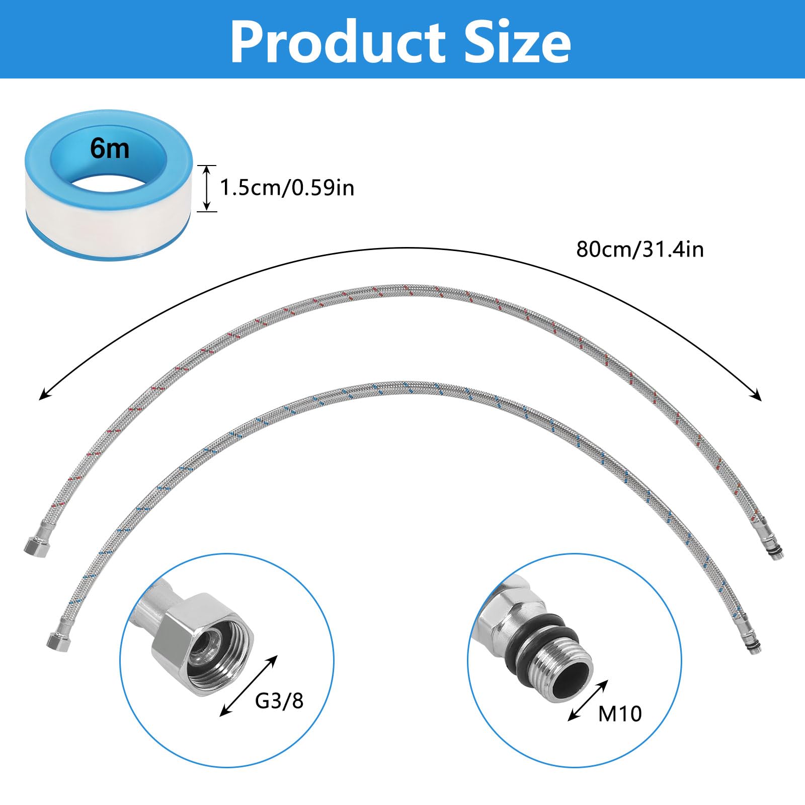 2 Pezzi Tubo di Collegamento per Rubinetto G3/8 X M10 Acciaio Inossidabile Intrecciato Tubo Flessibile 80 cm Tubo Doccia Flessibile con Nastro di Tenuta Tubo Corazzato per Rubinetti Miscelatori