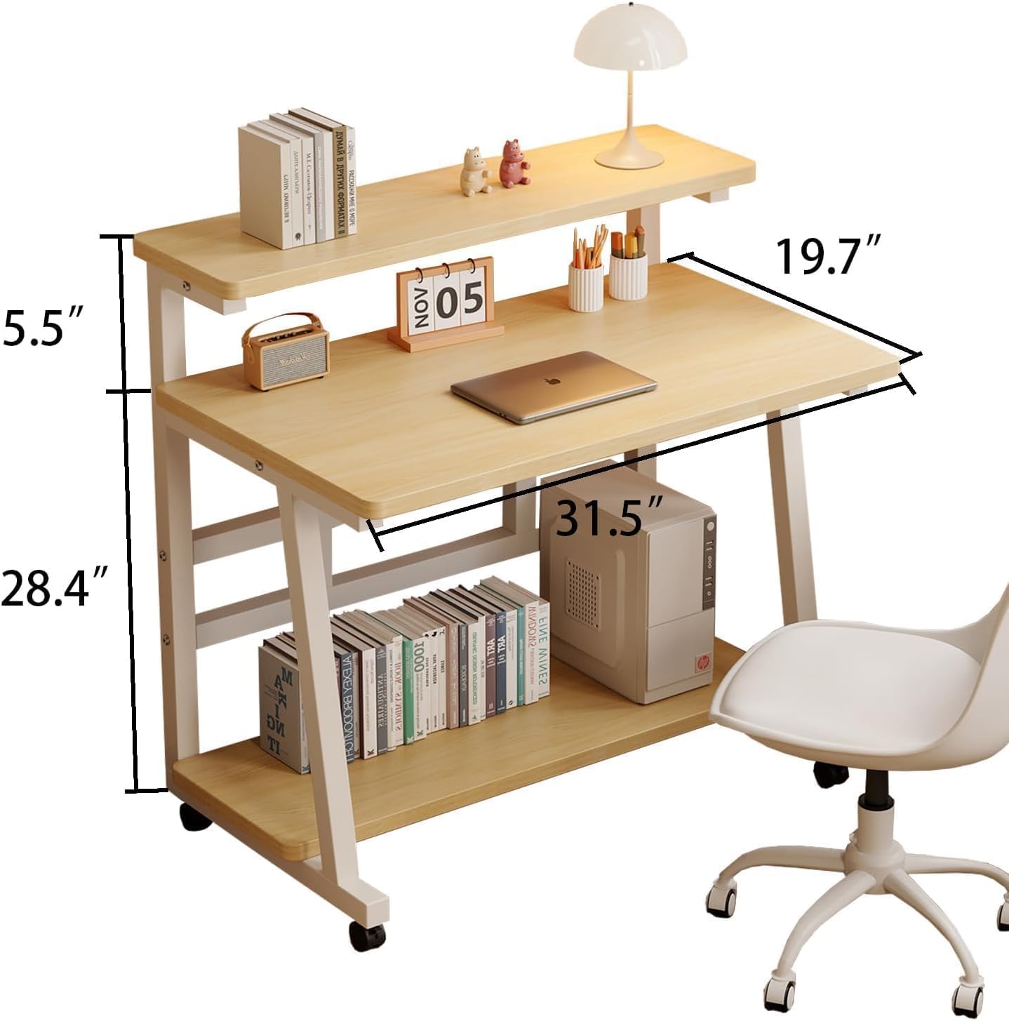 31.5 Inch Home Office Desk for Small Space,Rolling Computer Desk with Wheels,Student Study Table for Bedroom.