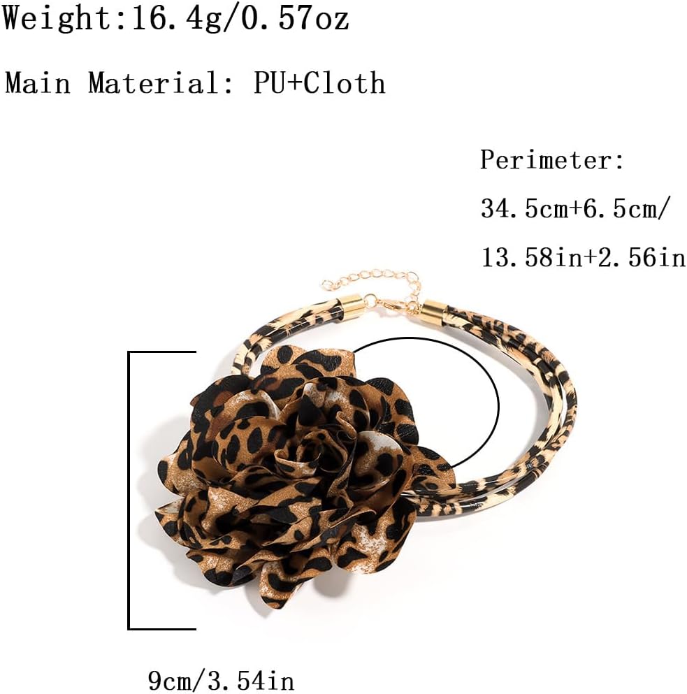 Leopard Print Big Rose Flower Layered Statement Choker Necklace Fabric Floral PU Leather Chain Adjustable Necklaces Boho Party Accessories Jewelry for Women - Image 2