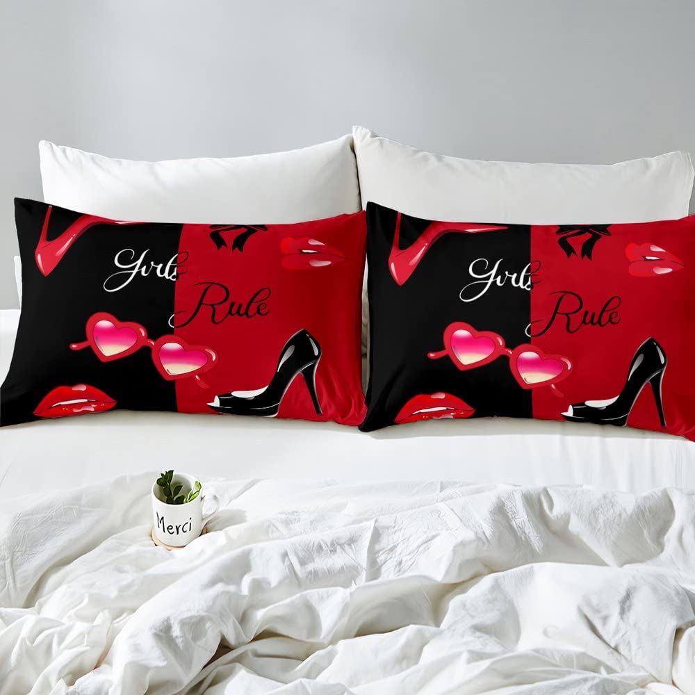 Hochzeit, Thema, Bettbezug, Mode, Damen, Make-up, Bettwäsche, 220 x 240 cm, sexy Lippen, rot, schwarz, romantisches Paar, Valentinstag