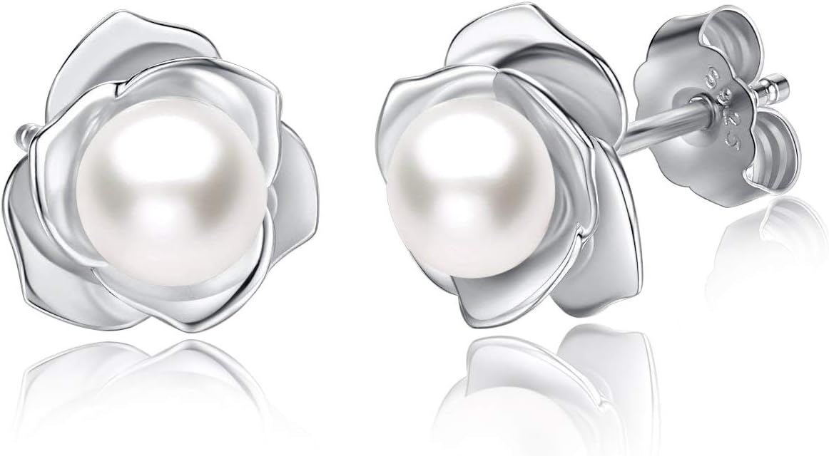 JORA Rose Gold Plated Sterling Silver Rose Flower & Pearl Stud Earrings for Women