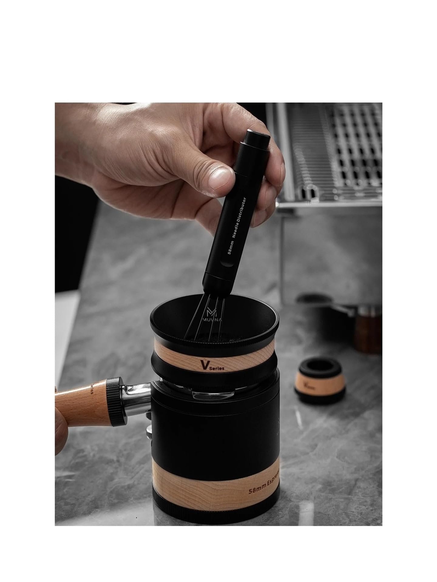 58 Mm Espresso-Siebträger Ohne Boden Mit Espresso-Tamper/Kaffeeverteiler, Barista-Kaffeezubehör, Kompatibel Mit Muvna, Kompatibel Mit V-Serie(Coffee WDT Tool)