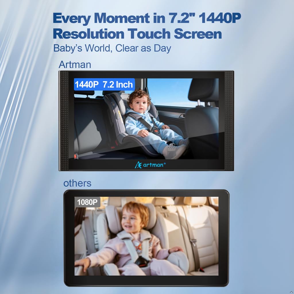 Baby Kamera Auto für 2 Kinder, Spiegel Auto Baby Rückbank 7,2 Zoll Split-Screen Doppelkamera HD 1440P IPS Touchscreen, IR-Nachtsicht & 360°Drehbar, Einfache Installation Kompatibel mit Allen Autos